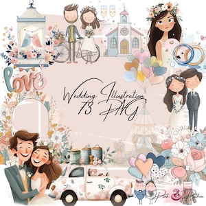 Conjunto de imágenes prediseñadas de boda, novia, novio, boda floral, boda encantadora, uso comercial, invitaciones y decoración, boda bohemia de dibujos animados PNG
