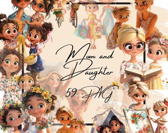 Moederdag-clipart PNG: moeder- en dochterafbeeldingen (digitale download)