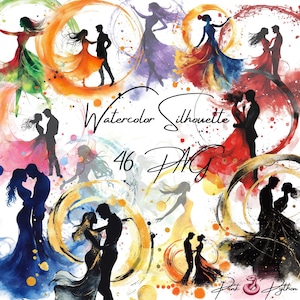 May include: A set of 46 watercolor silhouette images of couples dancing. The silhouettes are in various poses and are surrounded by colorful watercolor circles and splatters.
