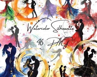 Clipart de silhueta em aquarela: casal dançando, dança de casamento (PNG, download digital)
