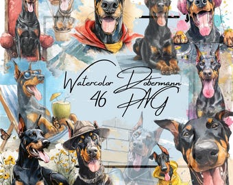 Watercolor Doberman Clipart: Funny Dog PNGs for T-Shirts (Digital Download)