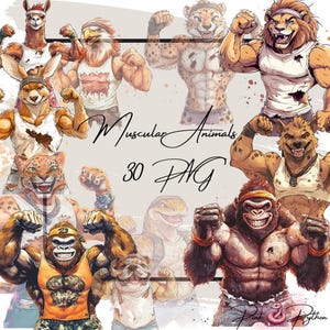Muscular Gym Animals Clipart, Watercolor bodybuilder pets clipart, Strong Big Body PNG,  Safari Animals, Instant Download for Commercial Use