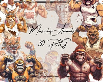 Clipart de animais de academia em aquarela: animais de estimação fisiculturistas PNG (uso comercial, download digital)
