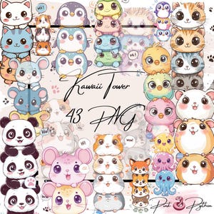 Cute Kawaii Tower Clipart, Baby Animals Clipart, Watercolor Kawaii Pets Clipart Bundle, Kawaii  Animals Png, Instant Download, Funny Kawaii