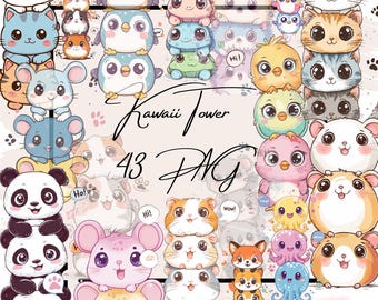 Watercolor Kawaii Animals Clipart Bundle, Tower Design (Instant Download)