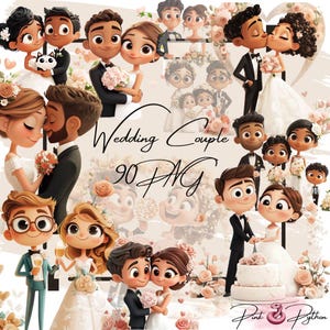 Clipart di coppia di sposi carini, grafica di matrimonio PNG, illustrazioni di sposi e sposi, uso commerciale, arte digitale di nozze, download immediato