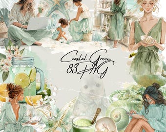 Pacote de Clipart Verde Costeiro, Mulher na Praia, Conchas (Arquivos PNG)