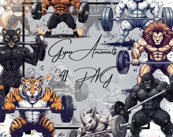 Clipart de animais de academia: animais de estimação levantando peso PNG (download digital)