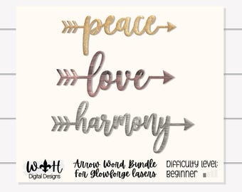 Harmony, Peace, Love - Welded Arrow Words - Table Place Settings - Files For Sign Making - Digital SVG Cut File For Glowforge Lasers