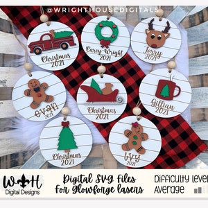 Holiday Icons Ornament Bundle - Handdrawn Personalizable Shiplap Christmas Ornaments - Cut File For Glowforge Lasers - Digital SVG File