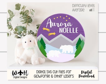 Polar Bear At Night Seasonal Door Hanger - Mountain Theme Sign For Baby Nursery - Files for Sign Making - Digital SVG Cut File For Glowforge