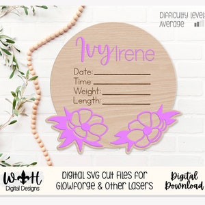 Baby Birth Stat Magnolias Floral Round - Personalizable Nursery Signs For Makers - Easy Cut File For Glowforge Lasers - Digital SVG File