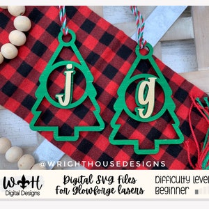 Pine Tree Monogram Stocking Tags Christmas Ornament Bundle - Quick Cut Gift Bag Tag Set - Cut File For Glowforge Lasers - Digital SVG File
