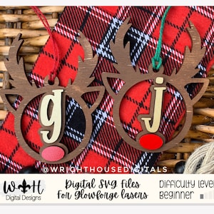 Reindeer Monogram Stocking Tags Christmas Ornament Bundle - Quick Cut Gift Bag Tag Set - Cut File For Glowforge Lasers - Digital SVG File
