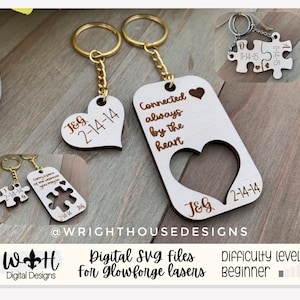 Heart and Puzzle Keychains For Valentine's Day - Couples Personalized Anniversary Gifts - Digital SVG Cut Files For Glowforge Lasers