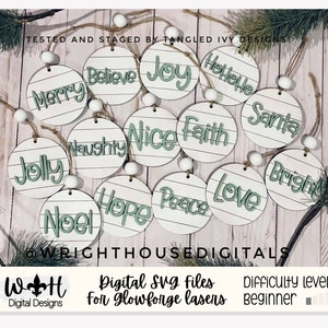 Farmhouse Style Shiplap Christmas Rounds Ornament Bundle - Choose A Welded Font - Quick Cut File For Glowforge Lasers - Digital SVG File