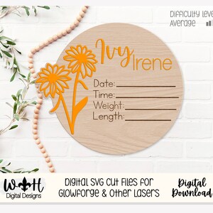 Könnte beinhalten: Ein rundes Holzschild mit einem floralen Design und dem Text "Ivy Irene" mit leeren Zeilen für "Datum", "Uhrzeit", "Gewicht" und "Länge".