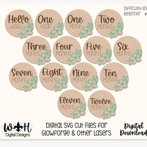 Hello World Baby Milestone Monthly Growth Markers - Personalizable Magnolia Floral Nursery Signs - Digital SVG Cut File For Glowforge Lasers