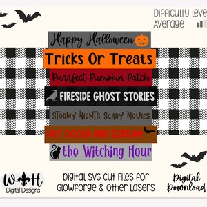 Happy Halloween Trick or Treat Bucket List Stacked Sign - Seasonal Wall Decor and DIY Kits - Cut File For Glowforge Laser - Digital SVG File
