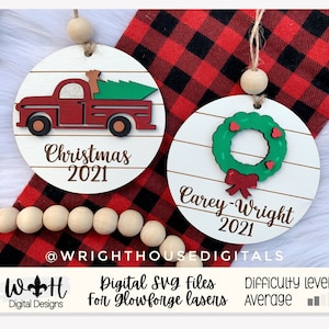 Holiday Icons Vintage Truck and Holly Wreath - Modern Farmhouse Mini Ornament Set - Personalizable Cut File For Glowforge - Digital SVG File