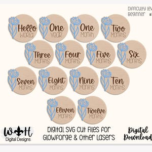 Hello World Baby Milestone Monthly Growth Markers - Personalizable Tulip Floral Nursery Signs - Digital SVG Cut Files For Glowforge Lasers