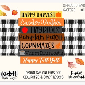 Happy Harvest Autumn Bucket List Stacked Sign - Seasonal Wall Decor and DIY Kits - Cut File For Glowforge Lasers - Digital SVG File