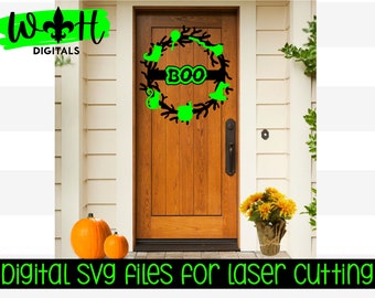 Boo Beware Halloween Wreath Door Hanger - Seasonal Sign Making and DIY Kits - Cut File For Glowforge Lasers - Digital SVG File