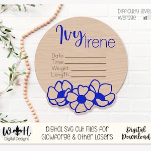 Baby Birth Stat Anemone Floral Round - Personalizable Nursery Signs For Makers - Easy Cut File For Glowforge Lasers - Digital SVG File