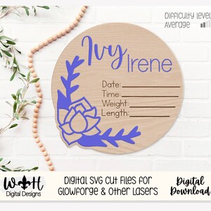 Könnte beinhalten: Ein rundes Holzschild mit einem violetten Blumenmuster und dem Text "Ivy Irene" mit Platz für Datum, Uhrzeit, Gewicht und Länge. Das Schild ist perfekt für eine Babyparty oder ein Kinderzimmer.