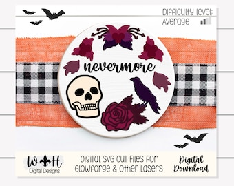Nevermore Skull and Raven Halloween Door Hanger Round - Seasonal Sign Making and DIY Kits - Cut File For Glowforge Lasers - Digital SVG File