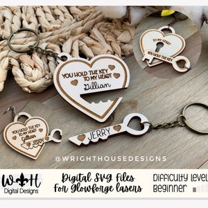 May include: Two wooden heart-shaped keychains with the text "You hold the key to my heart" and the names "Gillian" and "Jerry". The keychains are designed to fit together, with the keyhole in one heart matching the key on the other.