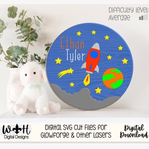 Rocket Ship Blast Off Space Baby Boy Nursery Round - Sign Making Home Decor and DIY Kits - Cut File For Glowforge Lasers - Digital SVG File