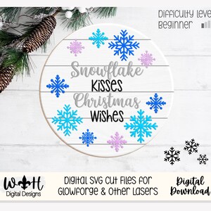 Snowflake Kisses Christmas Wishes Winter Door Hanger Round - Sign Making and DIY Kits - Cut File For Glowforge Lasers - Digital SVG File