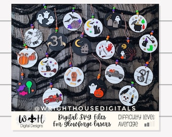 Puede incluir: Una colección de 18 archivos SVG de temática de Halloween para láseres Glowforge. Los diseños incluyen una variedad de imágenes espeluznantes y divertidas, como fantasmas, calabazas, murciélagos y brujas. El nivel de dificultad se indica como promedio.