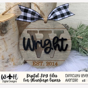Last Name Family Initial Layered Ornament - Personalizable Shiplap Farmhouse Christmas Ornaments - Cut File For Glowforge - Digital SVG File