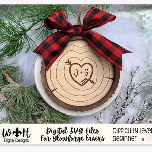 Carved Initial Wood Slice Rustic Christmas Ornaments - Score and Engraved Personalizable - Cut File For Glowforge Lasers - Digital SVG File