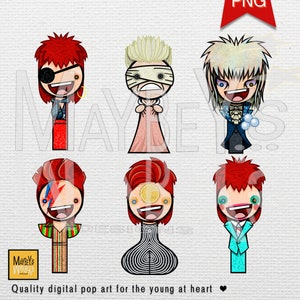 Paquete Bowie. 6 looks icónicos de David Bowie. Arte Homenaje. Arte pop de dibujos animados digitales imprimibles. SVG, PNG, PDF