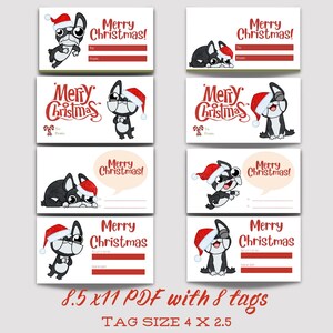 Weihnachten Geschenkanhänger. Entzückende Weihnachtskarikatur | Boston Terrier |Französische Bulldogge | Frenchie | Jugendliebe. PDF-Datei