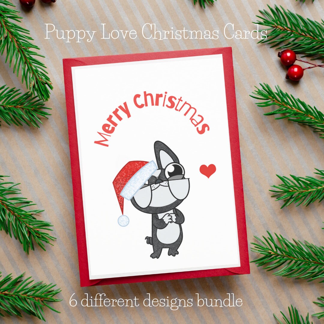 Cute Puppy Love Christmas Cards. Instant Download, 6 Cartoon Designs 