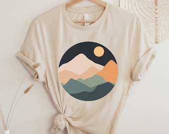 Boho Mountains Shirt, Abstract Landscape Tee, Mountain Tshirt, Moon Shirt, Nature Tee, Boho Shirt, Minimalist Design, Hiking, Gift for Her