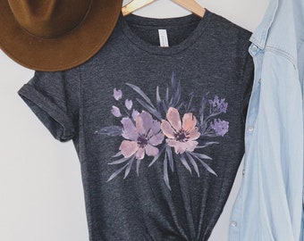 Floral T Shirt, Flower T-Shirt, Pink Purple Flowers Shirt, Painted Flower Plant Graphic Tee, Boho Minimalist T Shirt, Women's T-Shirt