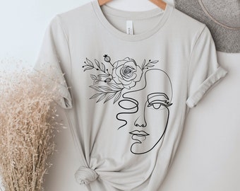 Line Art Shirt, Floral Line Art Tshirt, Silhouette Shirt, Woman's Face, Boho Tshirt, Boho Modern Shirt, Pencil Drawing, Minimalist Shirt