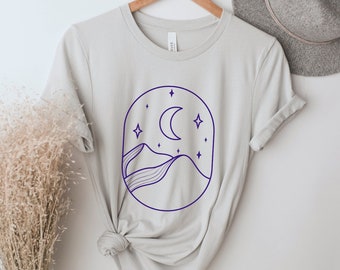 Boho Landscape Shirt, Minimalist Graphic Tee, Line Art Shirt, Mountain Tshirt, Moon and Stars Tee, Nature Shirt, Landscape Tee, Boho T-Shirt