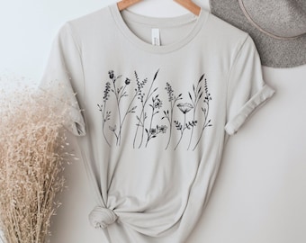 Wildflower Graphic Tee, Floral Tshirt, Minimalist Line Art Shirt, Floral Flowers Plants Tee, Bella Canvas Unisex Short Sleeve Shirt