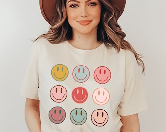 Smiley Face Shirt, Happy Tshirt, Colorful Smiles Shirt, Joy Tee, Positive Vibes Shirt, Retro Tee, Boho Modern Shirt, Cute Gift, Trendy Shirt