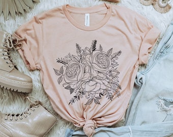 Floral T Shirt, Line Art Shirt, Rose T-Shirt, Flower Bouquet Shirt, Roses Graphic Tee, Minimalist Floral T Shirt, Women's Floral Shirt, Gift