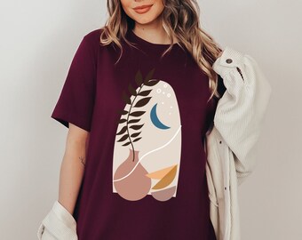 Boho Abstract Shirt, Minimalist Graphic Tee, Abstract Shapes, Vase with Plant, Moon Shirt, Boho Modern Shirt, Gift for Her, Cute Women's Tee