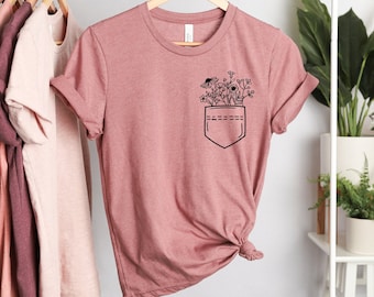 Flower Pocket Graphic Tee, Floral Line Art Tshirt, Minimalist Flower Shirt, Boho Tee, Plant Tshirt, Bella Canvas Unisex Short Sleeve Tshirt