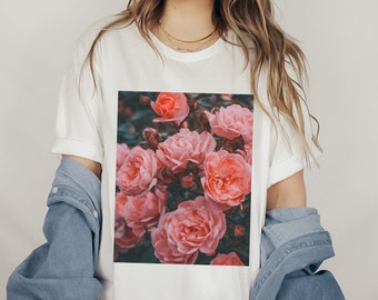 Pink Roses Shirt, Rose Garden Graphic Tee, Floral T-Shirt, Botanical Shirt, Cottagecore Shirt, Gift for Her, Pretty Flower Tee, Nature Shirt