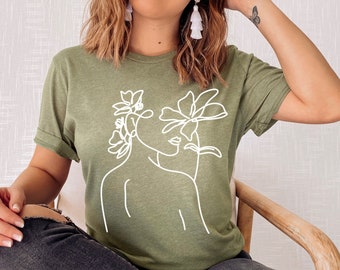 Line Art Silhouette Shirt, Floral Graphic Tee, Boho Shirt, Abstract Tshirt, Minimalist Shirt, One Line Tee, Boho Modern Shirt, Gift for Her